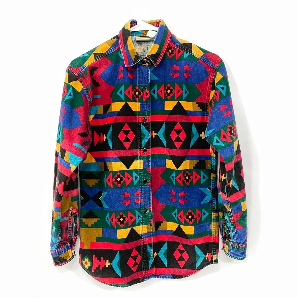 Vintage Woolrich Native Aztec Long Sleeve Button Up Flannel Shirt Womens Size S